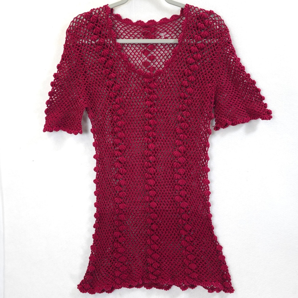 Crochet Top Bobble Stitch Open Knit Berry Red Women S Boho Cottagecore Layering